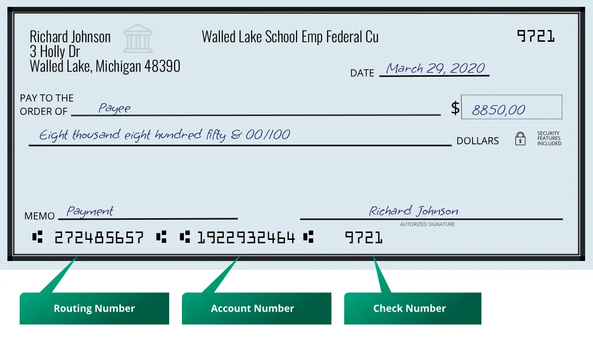 272485657 routing number Walled Lake School Emp Federal Cu Walled Lake