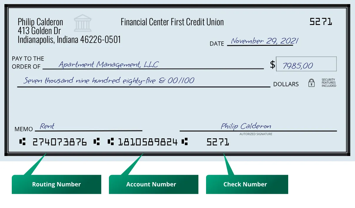 274073876 routing number Financial Center First Credit Union Indianapolis