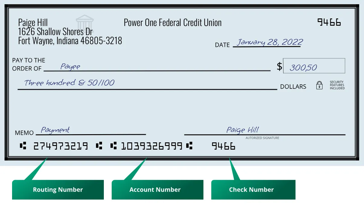 274973219 routing number Power One Federal Credit Union Fort Wayne