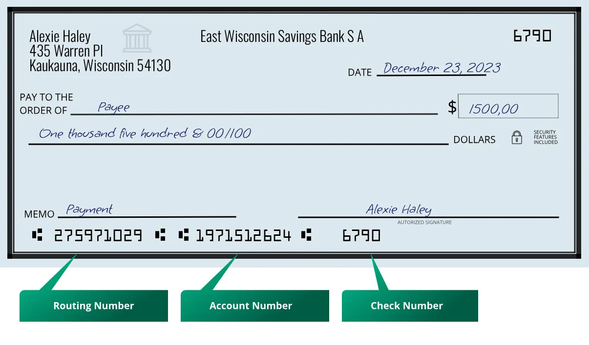 275971029 routing number East Wisconsin Savings Bank S A Kaukauna