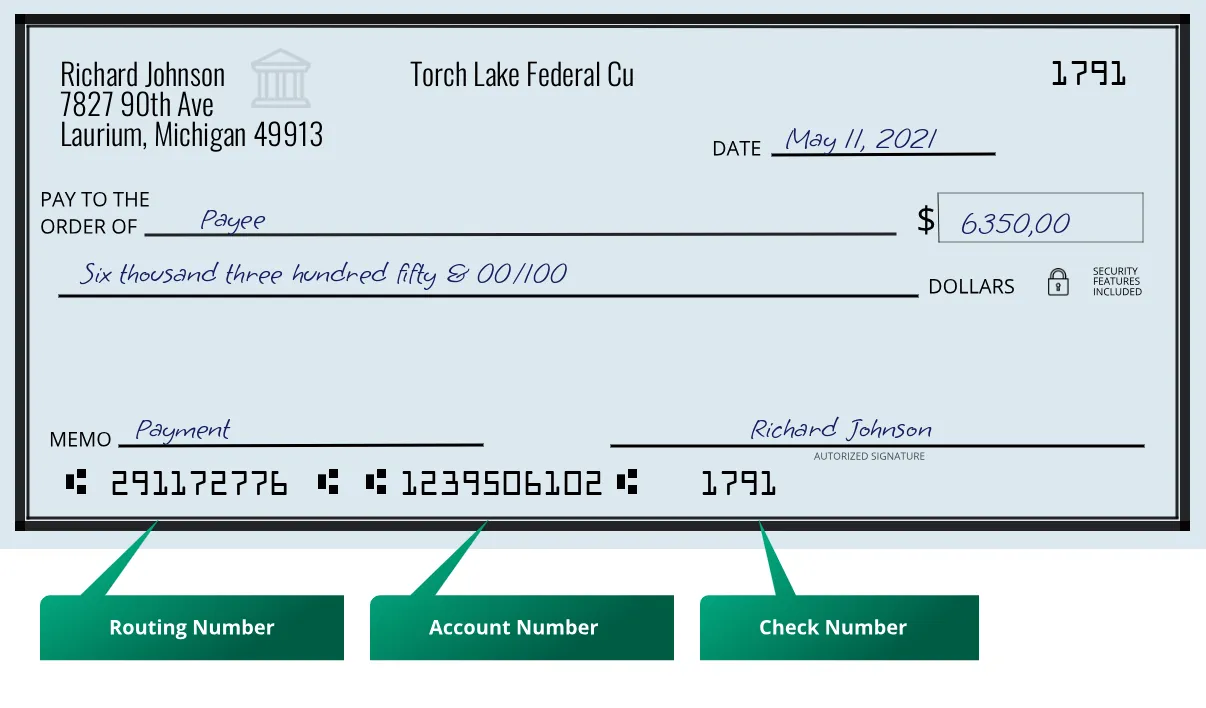 291172776 routing number Torch Lake Federal Cu Laurium