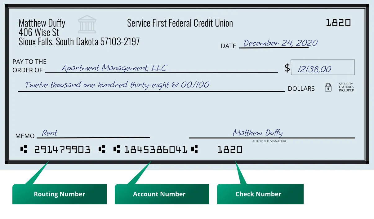 291479903 routing number Service First Federal Credit Union Sioux Falls