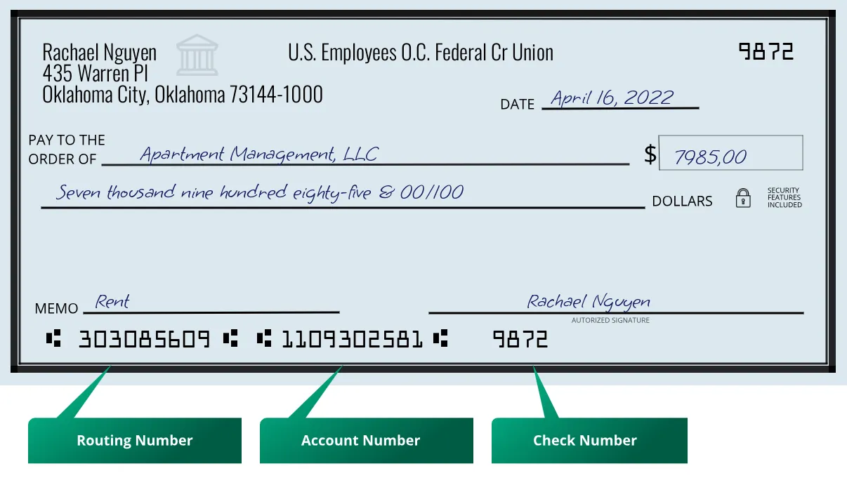 303085609 routing number U.s. Employees O.c. Federal Cr Union Oklahoma City