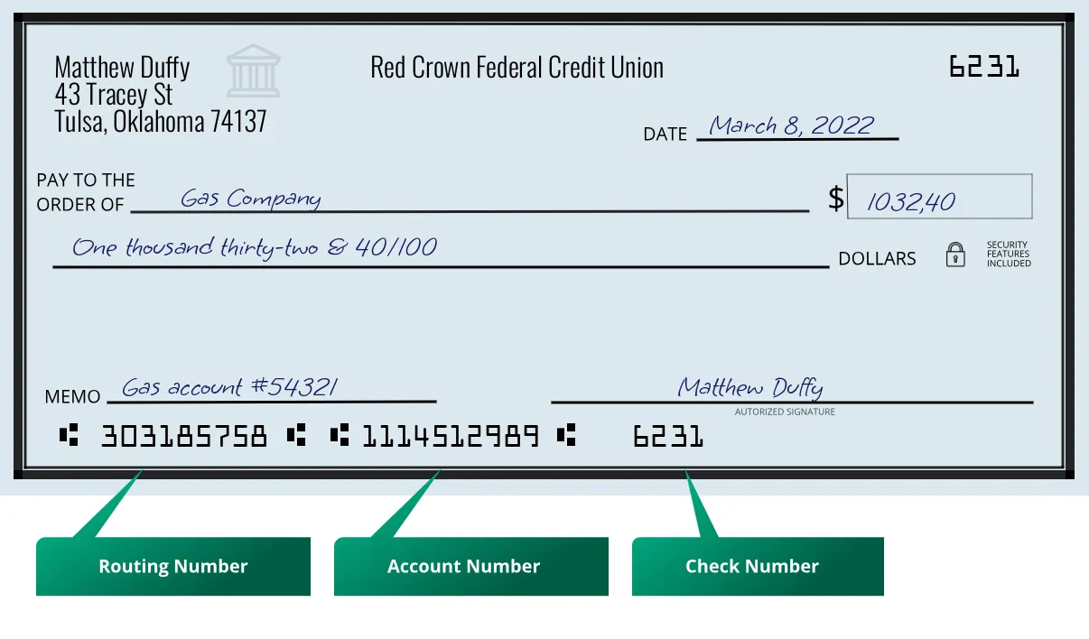 303185758 routing number Red Crown Federal Credit Union Tulsa