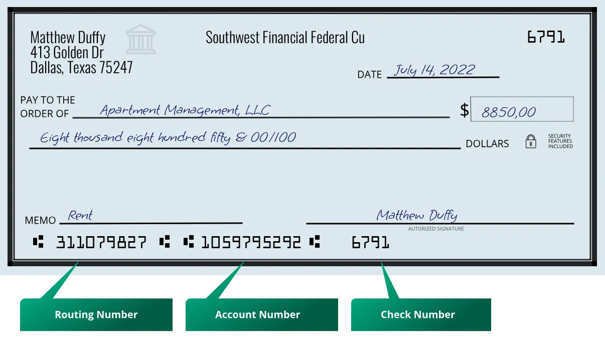 311079827 routing number Southwest Financial Federal Cu Dallas