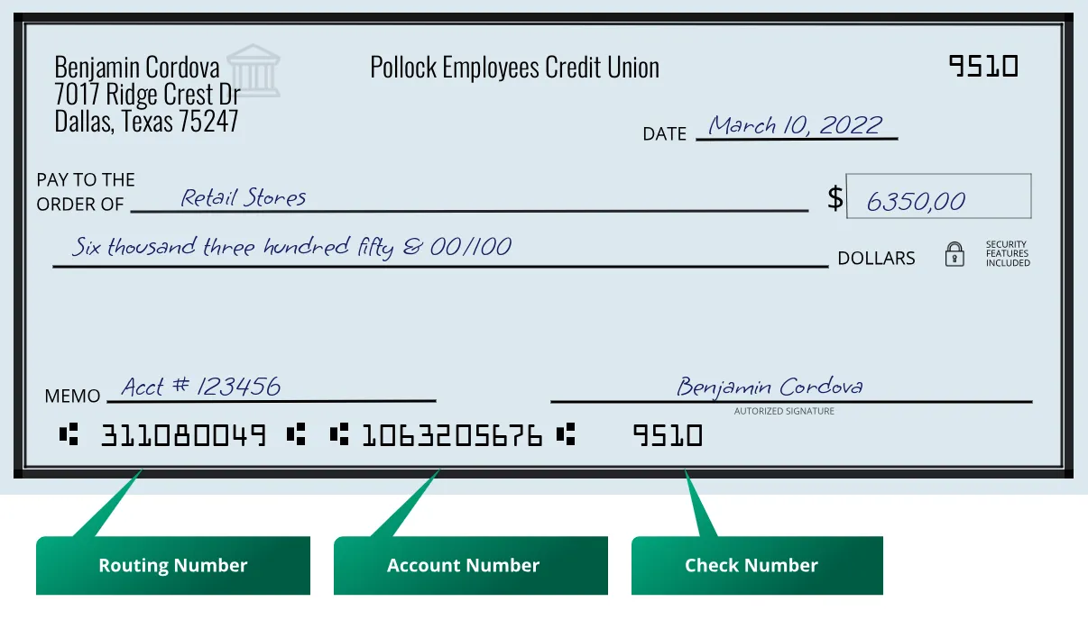 311080049 routing number Pollock Employees Credit Union Dallas