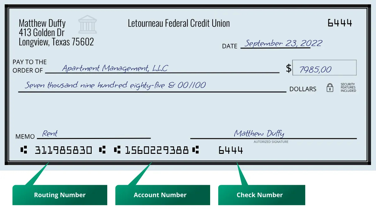 311985830 routing number Letourneau Federal Credit Union Longview