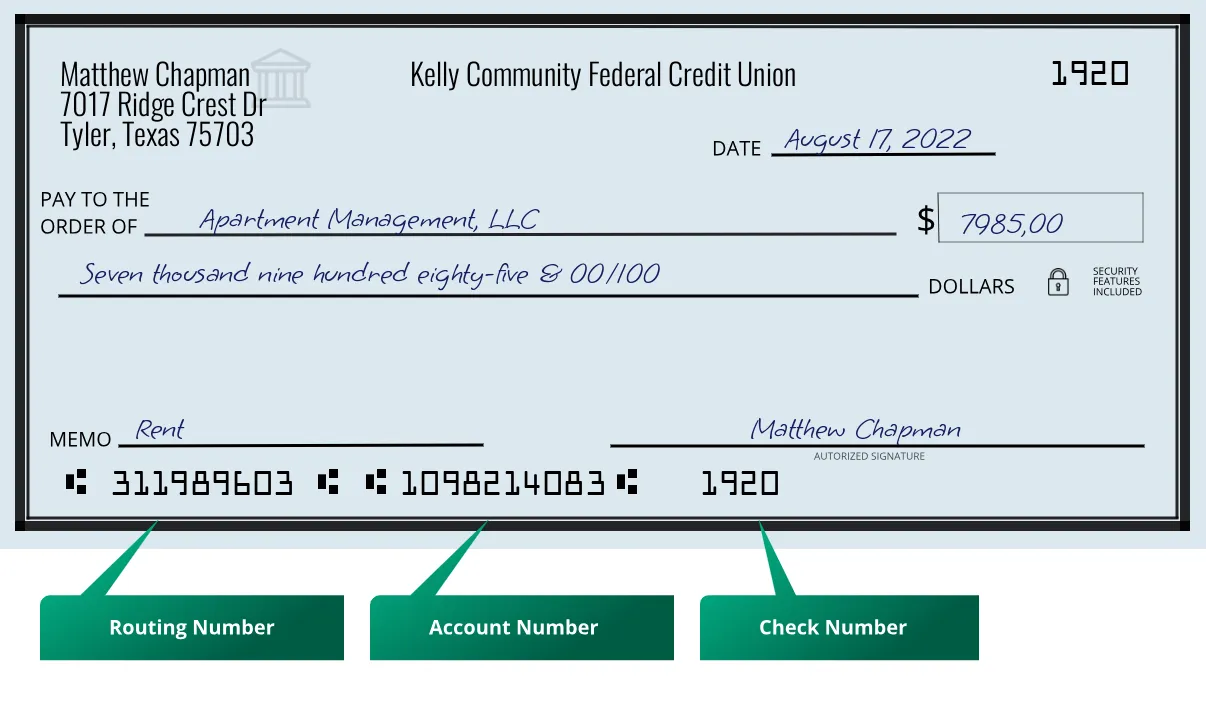 311989603 routing number Kelly Community Federal Credit Union Tyler