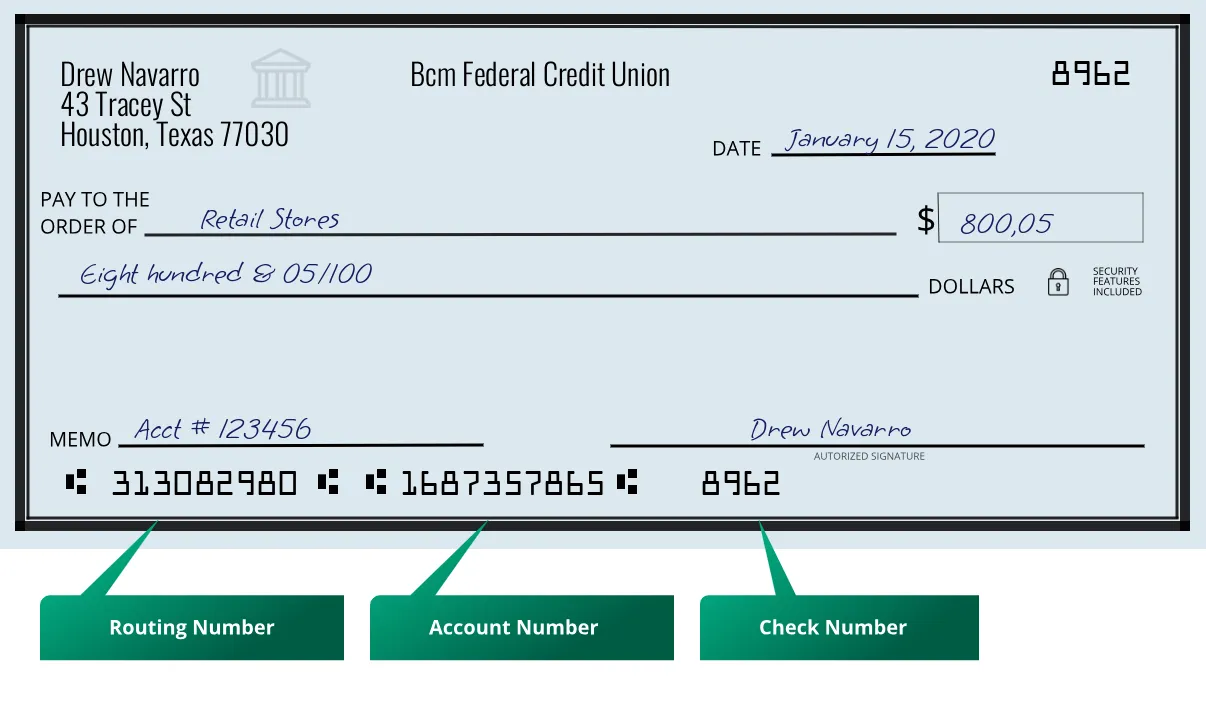 313082980 routing number Bcm Federal Credit Union Houston