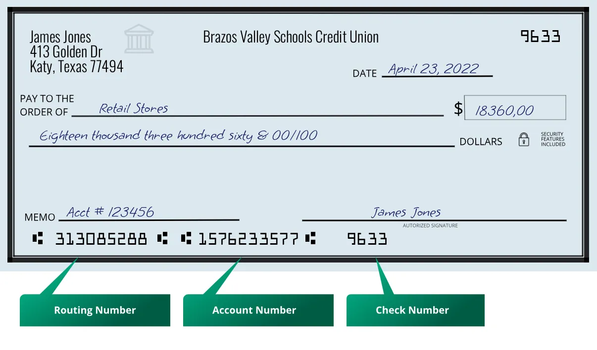 313085288 routing number Brazos Valley Schools Credit Union Katy