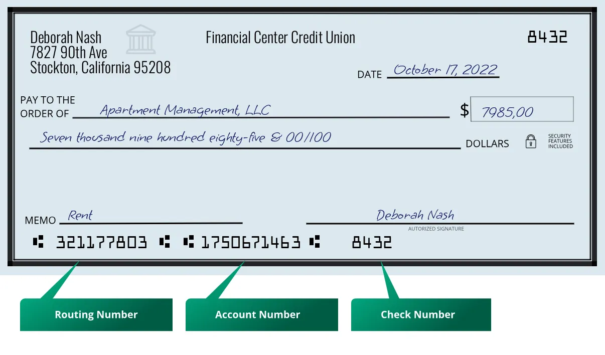 321177803 routing number Financial Center Credit Union Stockton