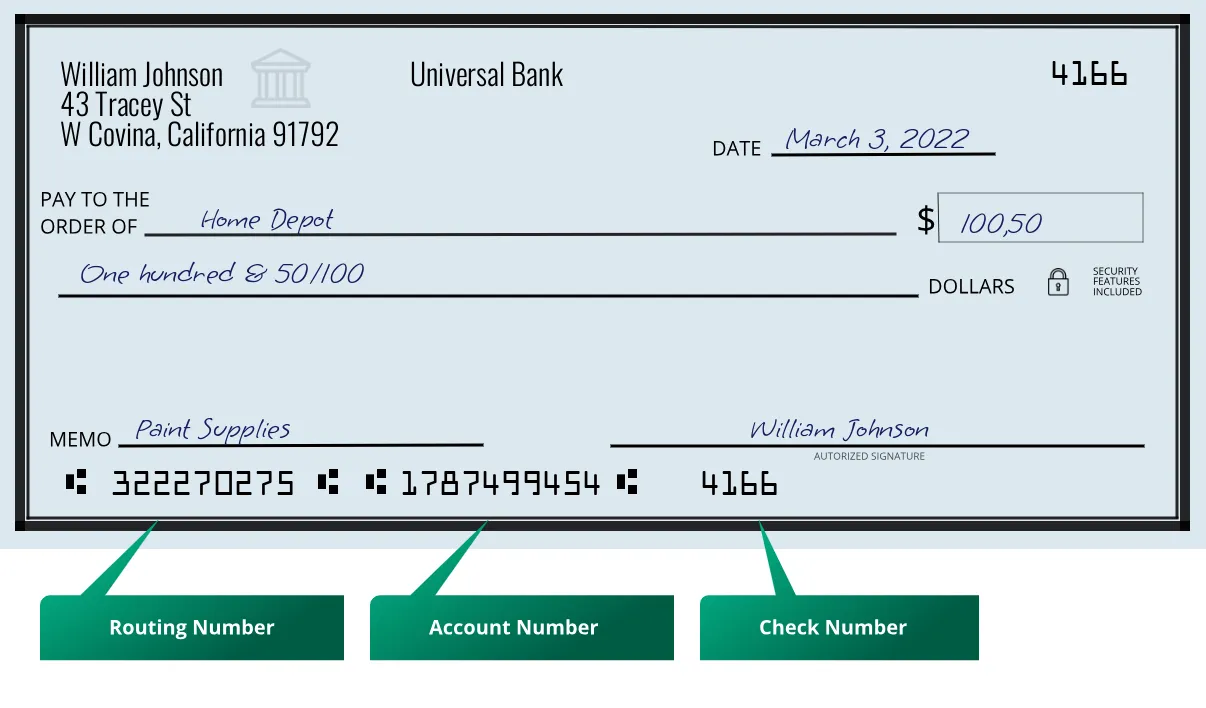 322270275 routing number Universal Bank W Covina