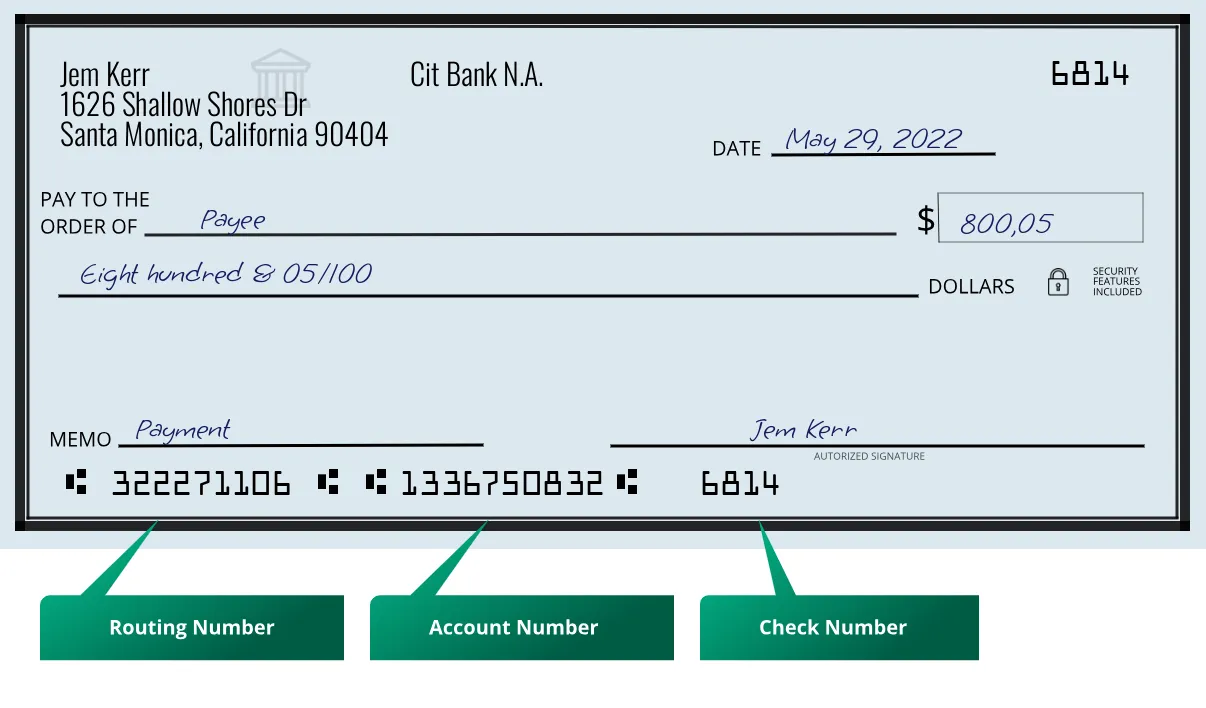 322271106 routing number Cit Bank N.a. Santa Monica