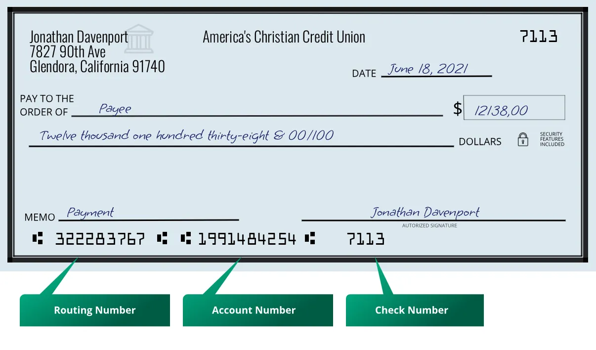 322283767 routing number America's Christian Credit Union Glendora