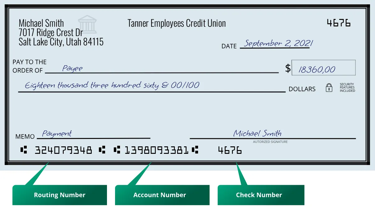 324079348 routing number Tanner Employees Credit Union Salt Lake City